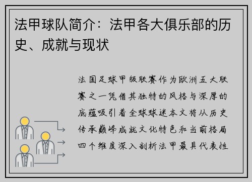 法甲球队简介：法甲各大俱乐部的历史、成就与现状