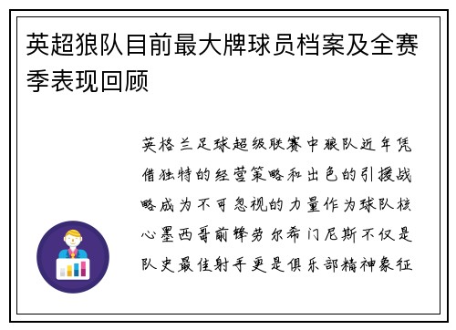 英超狼队目前最大牌球员档案及全赛季表现回顾